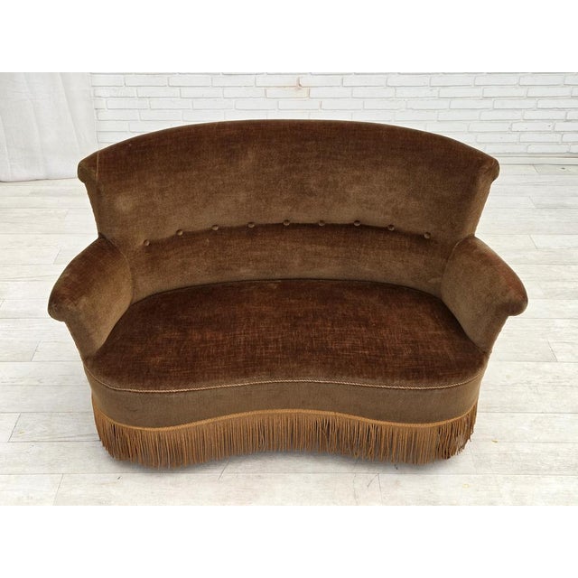 1960s, Danish 2-seater sofa. Original green furniture velour, beech wood legs, springs in the seat. Original good...
