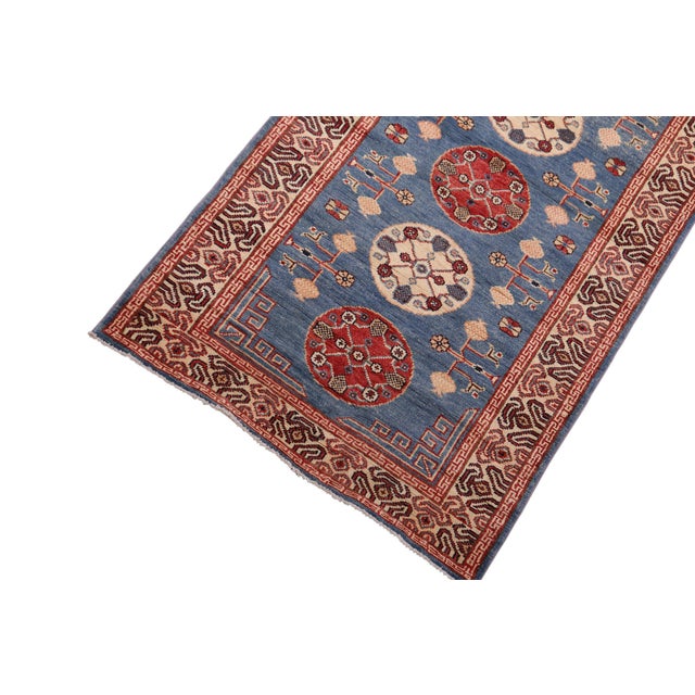 Shabby Chic Rustic Kazak Light Blue/Beige Wool Runner Rug- 2'11''x13'6'' For Sale - Image 3 of 10