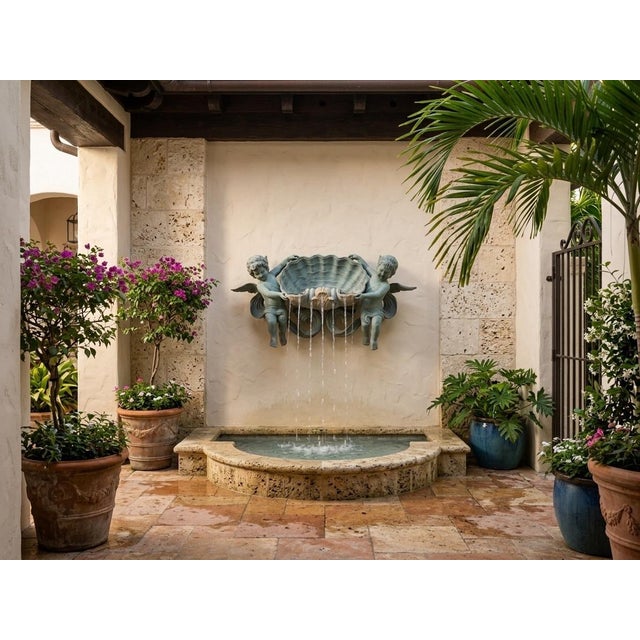 Metal Vintage Bronze Wall Fountain With Cherubs and Scallop Shell For Sale - Image 7 of 12