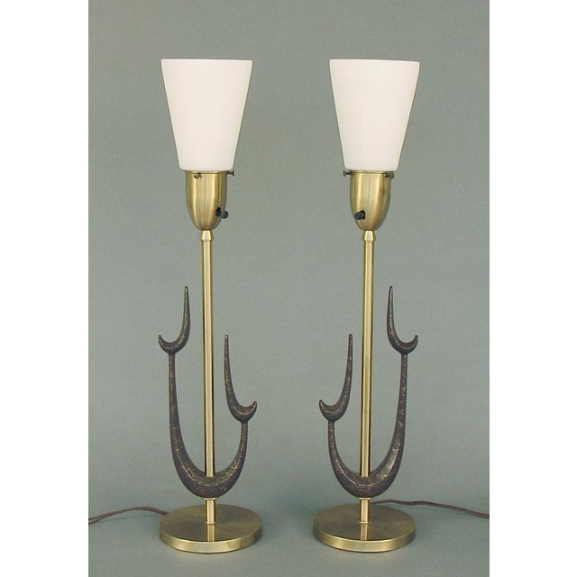 1970s Pair of Tall Mid-Century Modern Table Lamps, Biomorphic Design and Decorations, Glass Shades For Sale - Image 4 of 10
