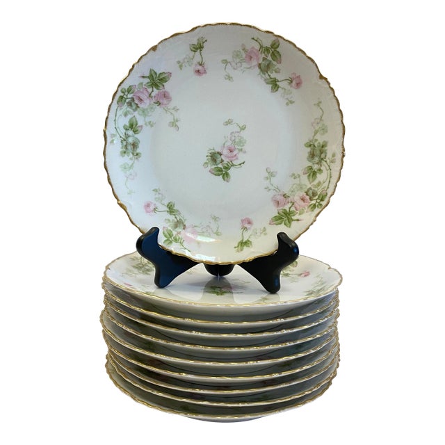 Antique 1920s Elite Works Limoges Scalloped Salad Plates – Set of 10, Pink Floral & Gilt For Sale