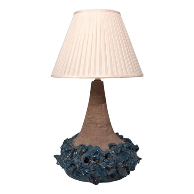 1979 Mid-Century Modern Hanne Stentøj, Large Brutalist Table Lamp, Blue Stoneware For Sale