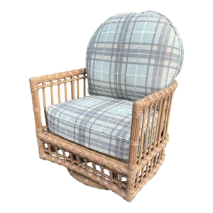 Summer Classics Newport Swivel Barrel Chair With Coastal Blue Plaid Dream Cushions