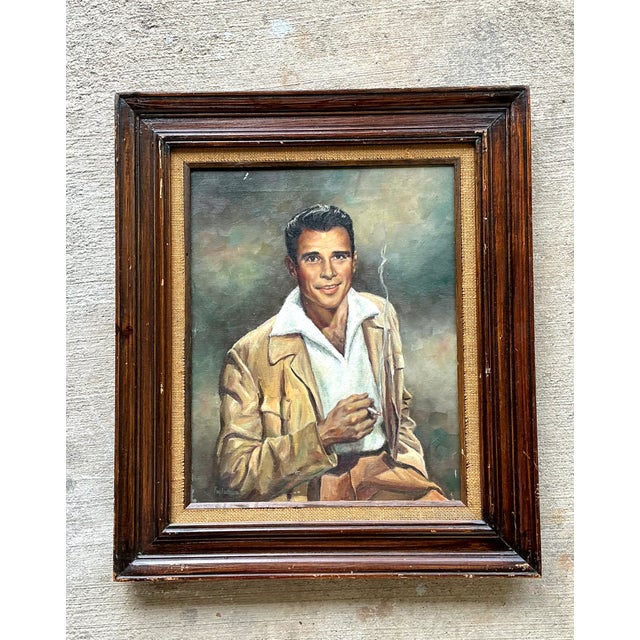 This vintage figurative portrait painting presents a distinguished mid-century interpretation of traditional portraiture,...