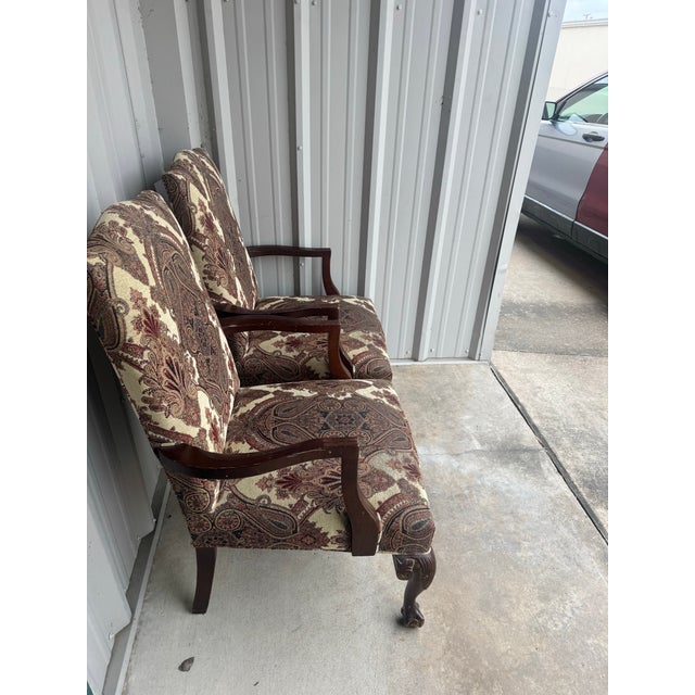 Beige 2 Vintage Queen Anne Accent Chairs, Paisley Tapestry Armchairs, Cabriole Legs For Sale - Image 8 of 11