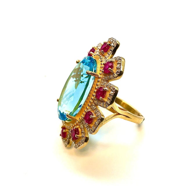 Bochic "Orient" Natural African Ruby, Blue Topaz & Diamond Ring Set 18K Gold & Silver For Sale - Image 18 of 18