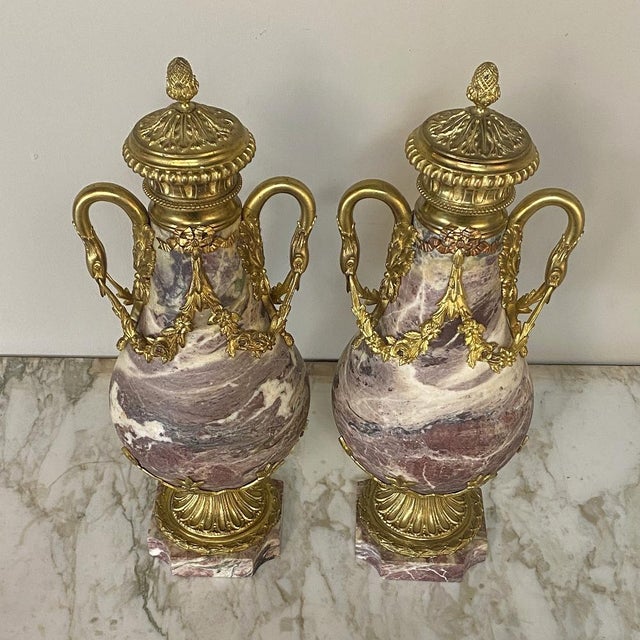 Pair 19th Century French Louis XVI Marble & Bronze d'Or Cassolettes For Sale - Image 10 of 13