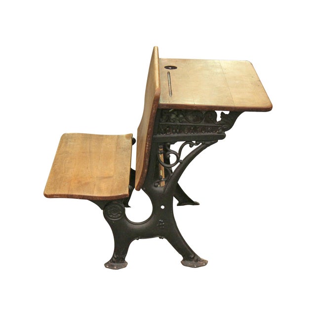 Antique Oak & Iron Childrens School Row Seat & Desk Combo For Sale - Image 4 of 9