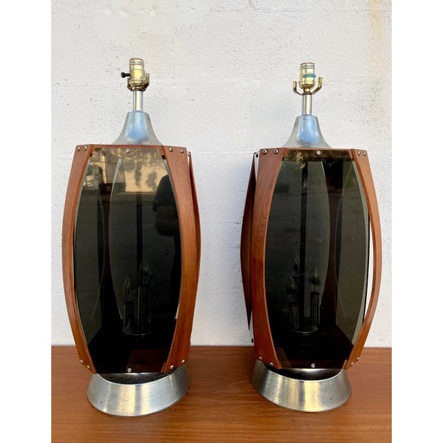 Mid-Century Modern Apair of Mid Century Modern Danish Style Smoked Acrylic Table Lamps. Circa 1970s For Sale - Image 3 of 13
