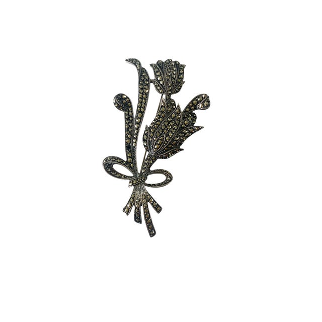 Asian Vintage Silver Marcasite Pave Crystal Two Stemmed Tulip Flowers Brooch 2.75" H For Sale - Image 3 of 4
