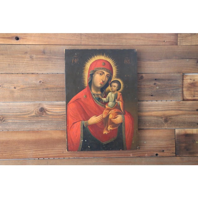 Wonderful hand painted on wood Russian Icon of mother and child. This painting is very well done and it is in good...