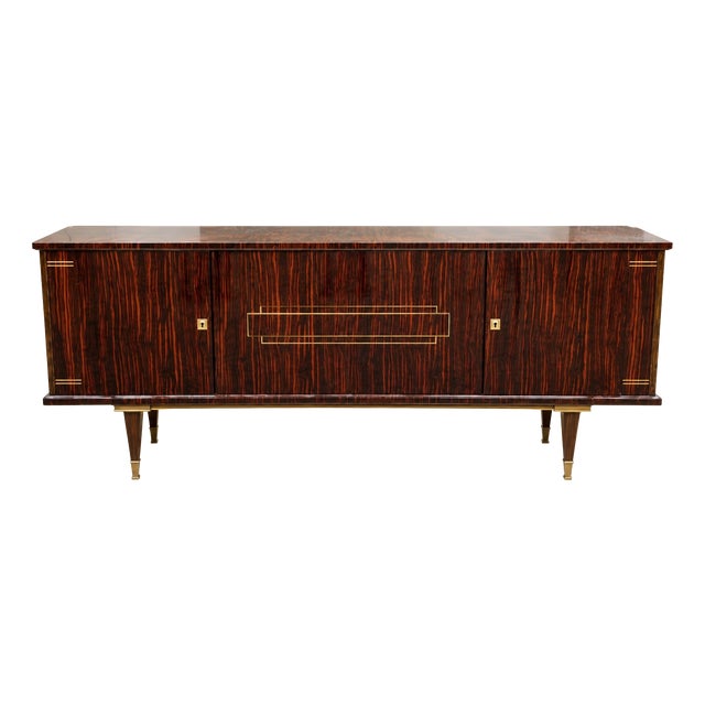 Vintage Art Deco Sideboard in Macassar Ebony Veneer and Brass, 1960s For Sale