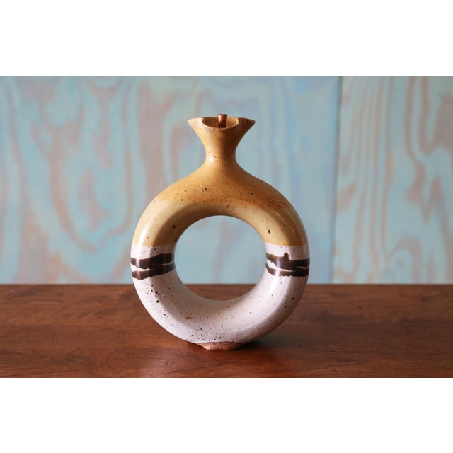 Mid-Century Modern 1970s Studio Ceramic O-Shaped Vase Decanter Flask For Sale - Image 3 of 6