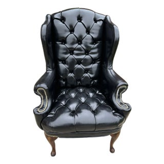 Vintage Boho Black Patent Leather Vinyl Tufted Wing Chair For Sale