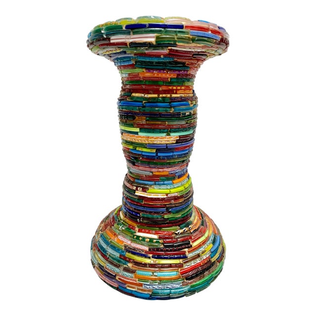 Vintage Handcrafted Glass Mosaic Beaded Pillar Candleholder For Sale