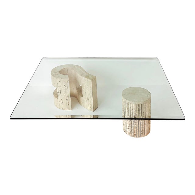 Late 20th Century Sculptural Travertine Post-Modern Question Mark Coffee Table, Beveled Glass Top For Sale