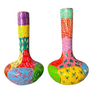 Pair of Vintage Hand-Painted Papier-Mâché Vases – Colorful Folk Art, Memphis Style Patchwork Forms For Sale