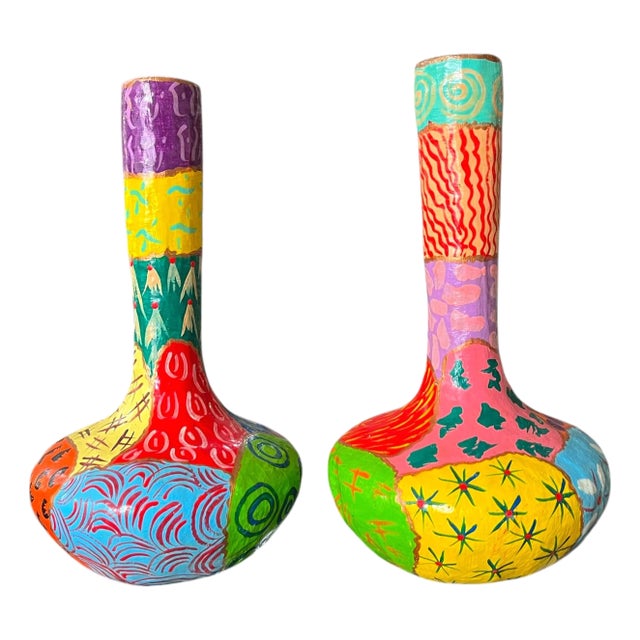 Pair of Vintage Hand-Painted Papier-Mâché Vases – Colorful Folk Art, Memphis Style Patchwork Forms For Sale