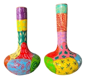 Pair of Vintage Hand-Painted Papier-Mâché Vases – Colorful Folk Art, Memphis Style Patchwork Forms