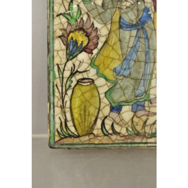 Early 20th Century Antique Persian Iznik Qajar Style Ceramic Pottery Tile Green Man Lady Embrace C2 For Sale - Image 5 of 9