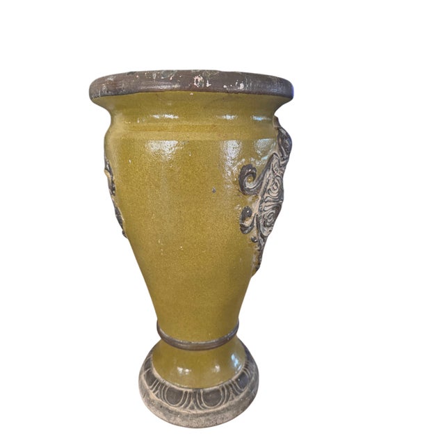Vintage Olive Green Glazed Heavy Clay Floor Urn Vase With Raised Baroque Medallions – 15”h For Sale In Houston - Image 6 of 7