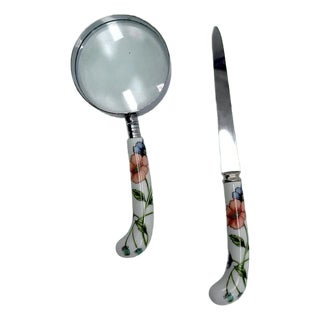 Late 20th Century Prill Sheffield England Floral Porcelain Magnifying Glass Letter Opener Set For Sale