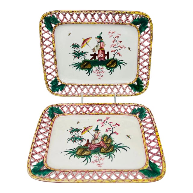 Antique French Faience Chinoiserie Decorated Pierced Platters C.1880 For Sale
