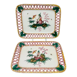 Antique French Faience Chinoiserie Decorated Pierced Platters C.1880