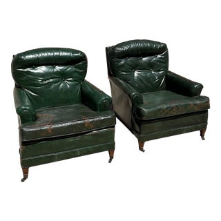 Mid 20th Century Vintage Green Leather Arm Chairs - Set of 2 For Sale