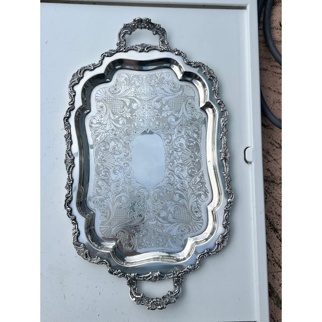 Mid 20th Century Vintage Oversized Footed Silverplate Butler Waiter Tray With Handles 30.5” Palm Beach Regency Tea Service Bar Tray For Sale - Image 5 of 10