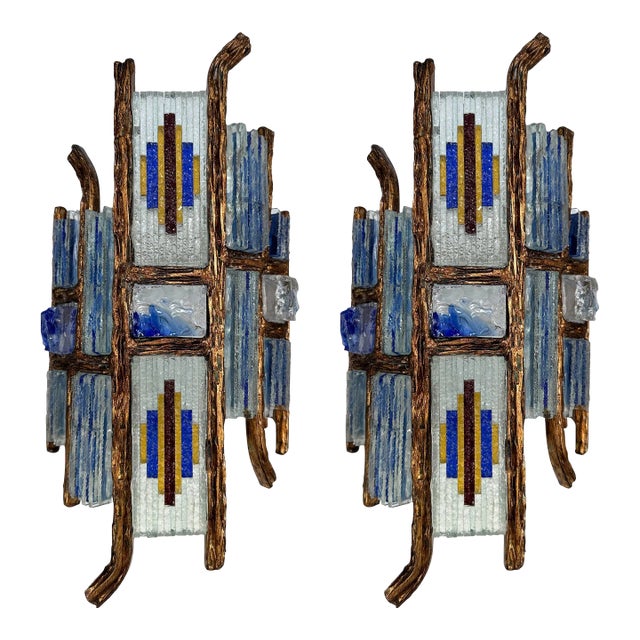 Pair of Hammered Glass Wrought Iron Sconces by Longobard, Italy, 1970s For Sale