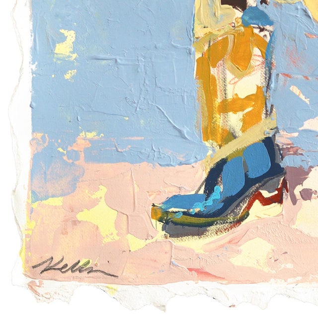 She Wears the Boots - Original Red Coat and Blue Western Boots Textured Mixed Media Painting on Paper by Kellie Newsome For Sale In Los Angeles - Image 6 of 7