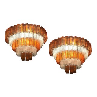 Amber and Ice Color Murano Glass Chandeliers or Flush Mounts, 1970, Set of 2 For Sale