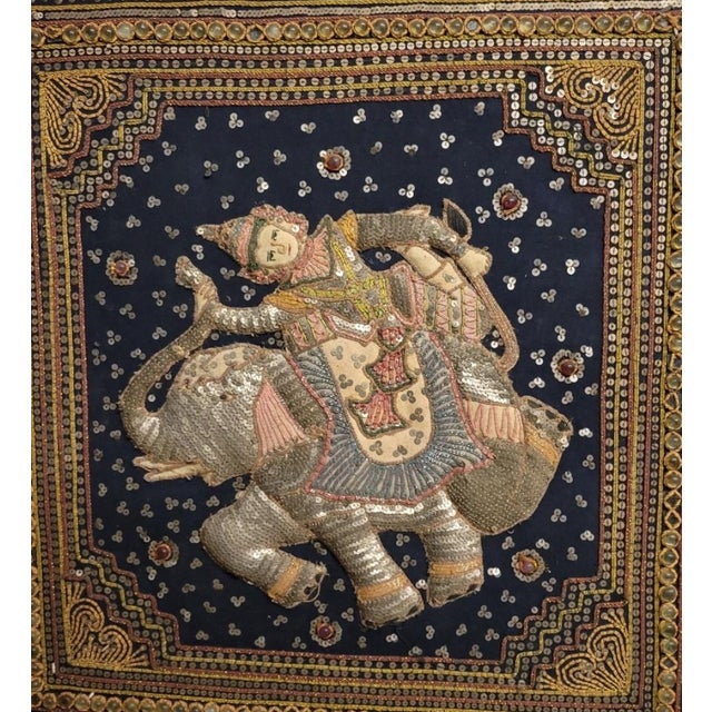 Folk Art Framed Vintage Burmese Kalaga Elephant Tapestry – Beaded & Sequined Textile Wall Art For Sale - Image 3 of 6