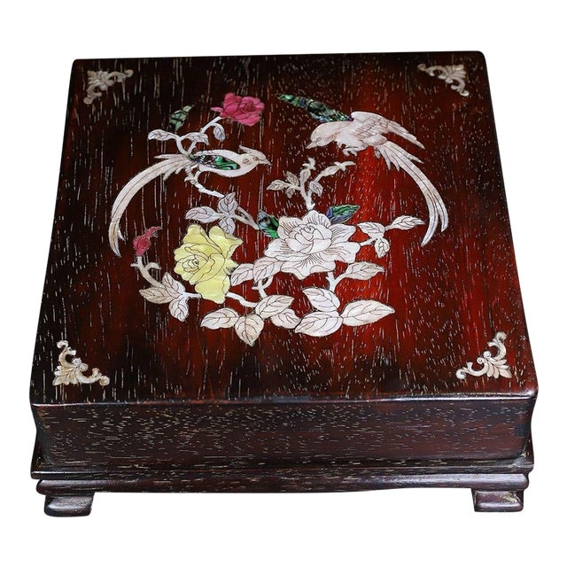 Zitan Wood Square Box Inlaid With Mother-of-Pearl Bird Motif For Sale