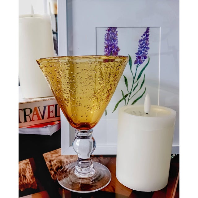 1960s Artland Vintage Hand Blown Amber Bubble Glass Goblets Set For Sale - Image 4 of 15