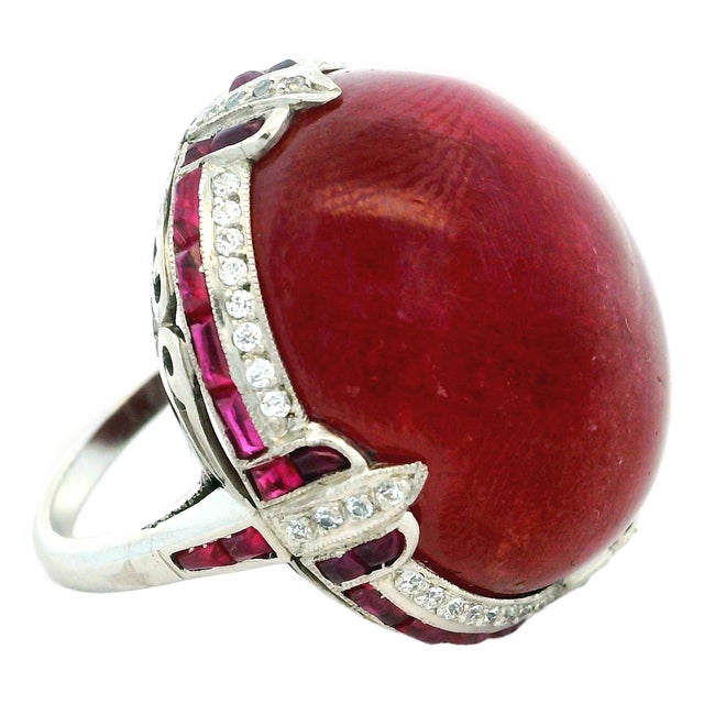 Vintage Platinum Cabochon Ruby, Ruby and Diamond Statement Ring, Size 6.5 For Sale