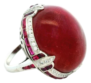 Vintage Platinum Cabochon Ruby, Ruby and Diamond Statement Ring, Size 6.5