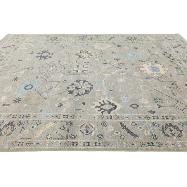 Modern Oushak Style Hand-Knotted Wool Rug – Floral Design in Sage & Slate 9x12 For Sale In New York - Image 6 of 10