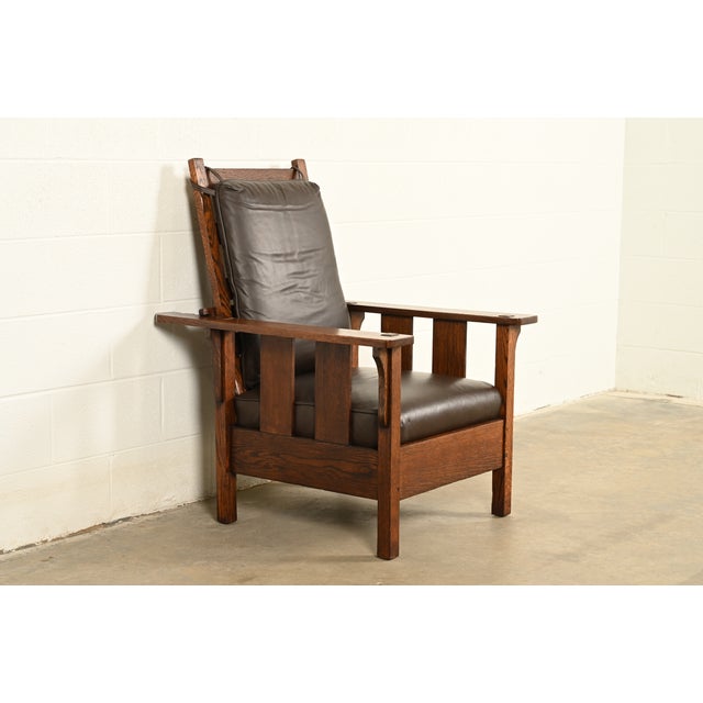 Charles Limbert Lifetime Furniture Antique Mission Oak Arts & Crafts Reclining Morris Lounge Chair, Circa 1910 For Sale - Image 4 of 15