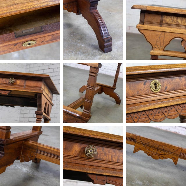Late 19th Century Eastlake Victorian Style Ladies Writing Desk Walnut Burl and Faux Leather Top For Sale - Image 13 of 18
