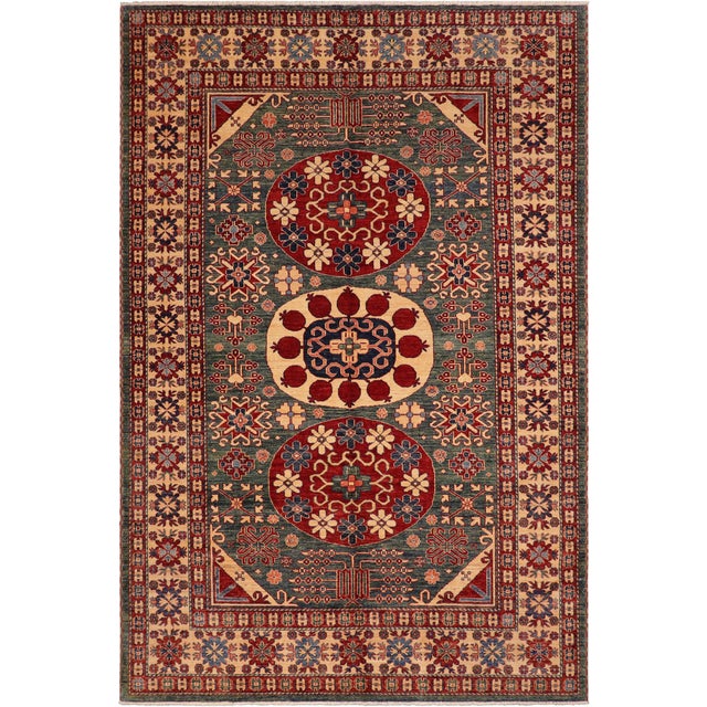 Tribal Super Kazak Green/Beige Wool Rug - 6'10'' X 9'6'' For Sale - Image 9 of 10