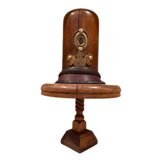 English Bobby Wood Vintage Hat Form Stand With Brass & Leather Details For Sale