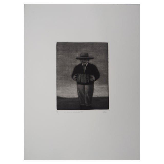 Richard Davies, The Man with the Bandoneon, Original Etching For Sale