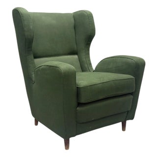Melchiorre Bega Attr., Dark Green Fabric, Wood, Lounge Chair, Italy, 1950s For Sale