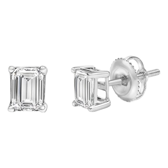 14K White Gold 1.0 Cttw Emerald Cut Lab-Grown Diamond Solitaire Stud Earrings (F-G Color, VS1-VS2 Clarity) For Sale