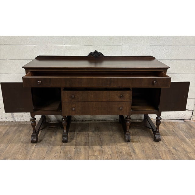 Wood Vintage Jacobean Tudor Style Carved Burled Oak Sideboard Buffet Server Console For Sale - Image 7 of 18