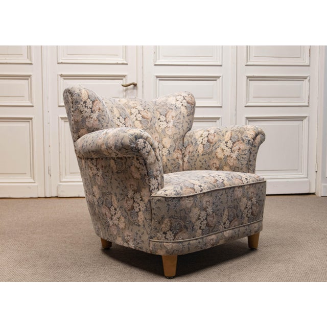 Beige Vintage Danish Wingback Chair with Jacquard Fabric, 1940s For Sale - Image 8 of 15