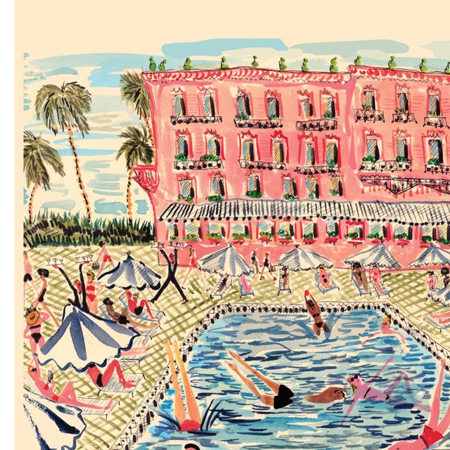 Contemporary "Pink Villa Pool" Contemporary Original Whimsical Figurative Interior Scene Print by Pauline De Roussy De Sales For Sale - Image 3 of 5