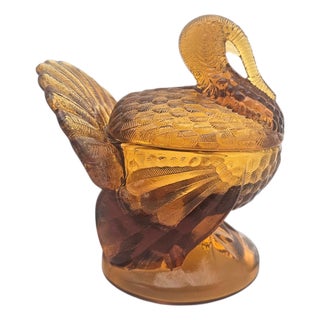 VTG Le Smith Glass Turkey Candy Dish Golden Orange Covered Jar MCM 7.75" For Sale